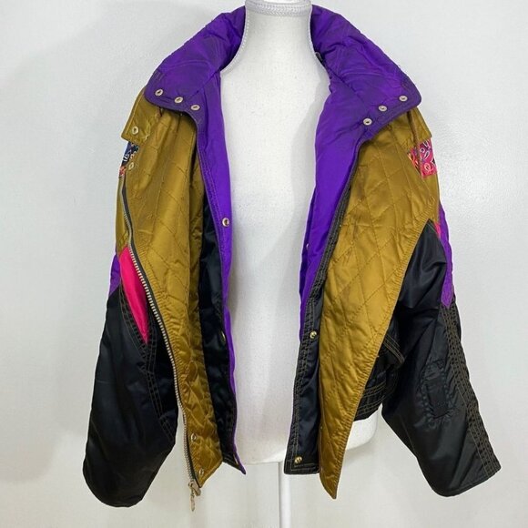 NEVICA VIRAGE SPORT VINTAGE 80S BLACK COLORFUL COMBO ZIP UP WAXED APRES SKI COAT - Picture 4 of 12